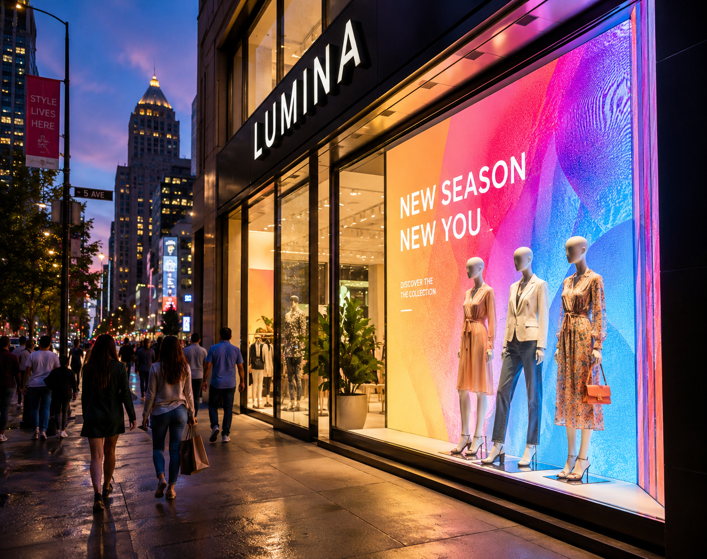 Bright retail storefront with a glowing LED display window