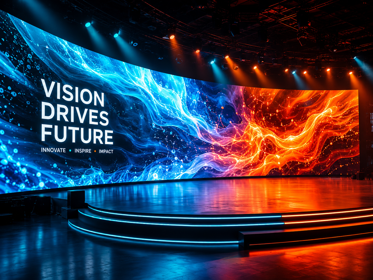 Massive curved LED video wall glowing in a dark venue