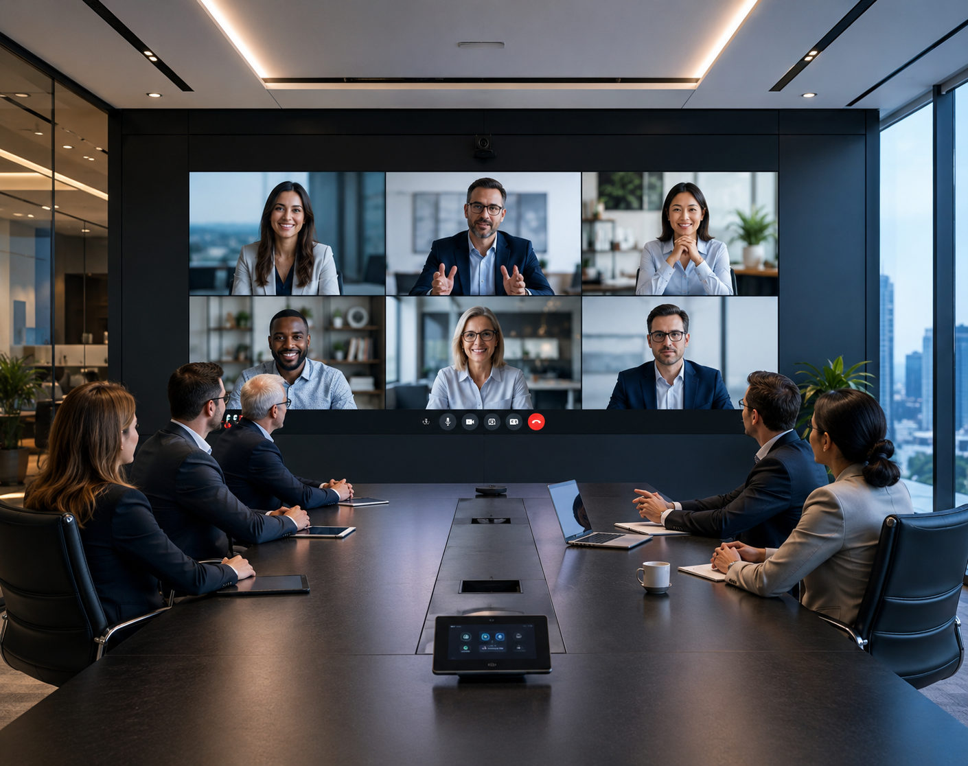 Corporate boardroom with a seamless LED video wall on a video call